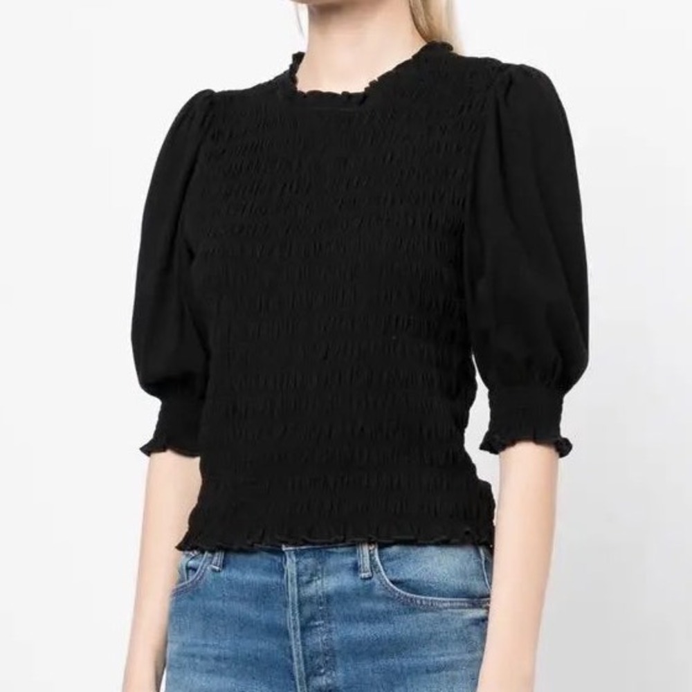 Veronica Beard Langston Top Smocked Puff Sleeve Black Ruffle - Large